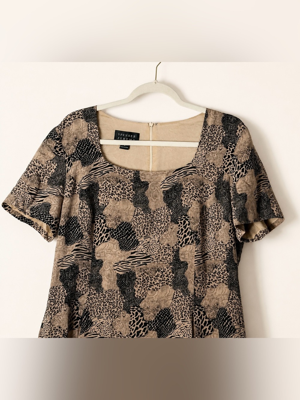 Vintage Spenser Jeremy 100% Silk Animal Print Patchwork Sheath Dress Size 16 - Picture 3 of 9